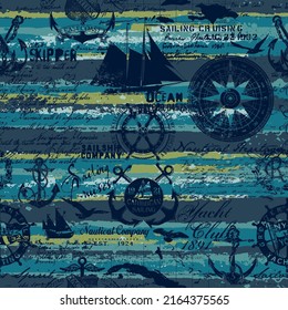 Grunge nautical elements with striped wallpaper abstract vector seamless pattern