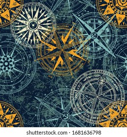 Grunge nautical rose wind compass vintage vector seamless pattern