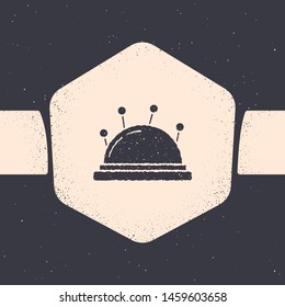 Grunge Needle bed and needles icon isolated on grey background. Handmade and sewing theme. Monochrome vintage drawing. Vector Illustration