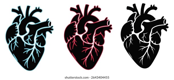 Grunge neon anatomical heart vector with glow and shadow, perfect for digital print design.





