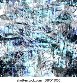 Grunge network of blue, gray, dark and light spots, ovals, triangles, sharp angles and scratches. Abstract seamless vector pattern.