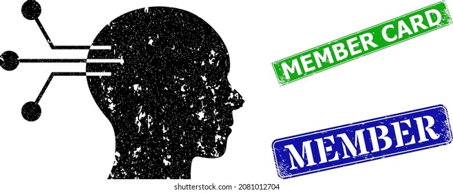 Grunge neural interface icon and rectangle rubber Member Card seal stamp. Vector green Member Card and blue Member seals with grunge rubber texture, designed for neural interface illustration.