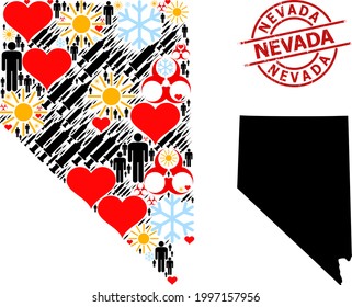 Grunge Nevada stamp seal, and heart humans inoculation mosaic map of Nevada State. Red round stamp has Nevada caption inside circle. Map of Nevada State mosaic is composed from snow, sunny, heart,