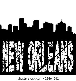 grunge New Orleans text with skyline illustration