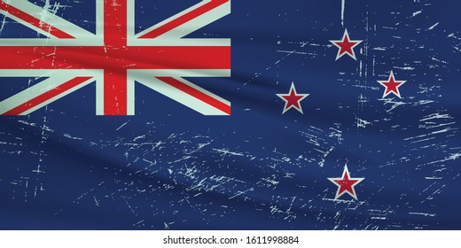 Grunge New Zealand flag. New Zealand flag with waving grunge texture. Vector background.