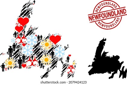 Grunge Newfoundland stamp, and lovely customers syringe collage map of Newfoundland Island. Red round stamp seal includes Newfoundland caption inside circle.