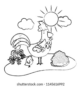 grunge nice hen with chick farm animals