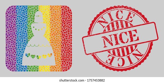 Grunge Nice stamp and mosaic muslim bride subtracted for LGBT. Dotted rounded rectangle mosaic is around muslim bride subtracted space. LGBT spectrum colors.