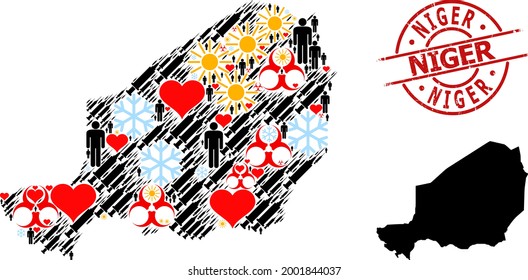 Grunge Niger stamp seal, and sunny patients Covid-2019 treatment collage map of Niger. Red round stamp contains Niger text inside circle. Map of Niger collage is created from winter, spring,