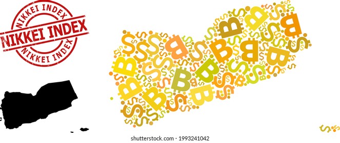 Grunge Nikkei Index stamp, and bank collage map of Yemen. Red round stamp seal has Nikkei Index caption inside circle. Map of Yemen collage is composed of financial, funding, BTC golden items.
