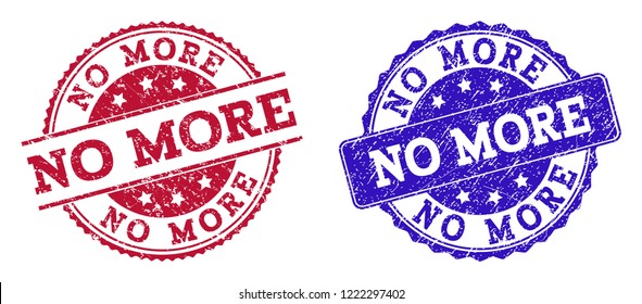 Grunge NO MORE seal stamps in blue and red colors. Stamps have distress style. Vector rubber imitation with No More text. Illustration design includes circle, rounded rectangle, rosette, line items.