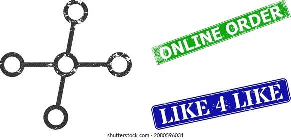 Grunge node links icon and rectangle scratched Online Order seal. Vector green Online Order and blue Like 4 Like seals with grunge rubber texture, designed for node links illustration.