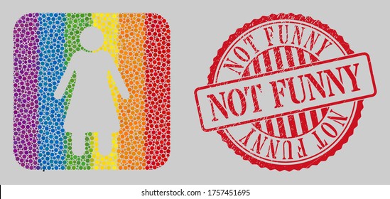 Grunge Not Funny seal and mosaic old woman subtracted for LGBT. Dotted rounded rectangle mosaic is around old woman subtracted space. LGBT rainbow colors.
