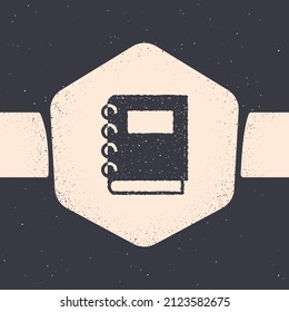 Grunge Notebook icon isolated on grey background. Spiral notepad icon. School notebook. Writing pad. Diary for school. Monochrome vintage drawing. Vector