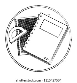 grunge notebook with paper and protractor ruler in table