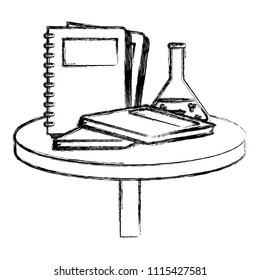 grunge notebooks with books and erlenmeyer flask in the table