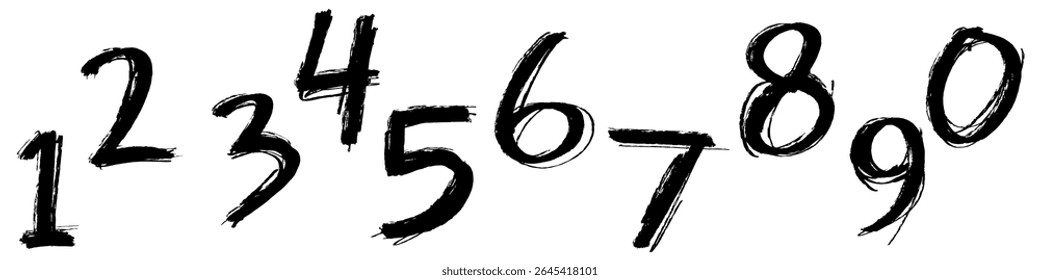 Grunge number 1 to 9 with brush stroke texture vector. Adds a raw, artistic, distressed feel to numerals. Ideal for edgy counting, abstract design, vintage typography, or bold numbering.