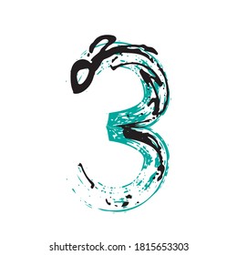 Grunge number 3 isolated on white background.  Vector illustration. Design element for poster, leaflet, booklet, social media, greeting card.