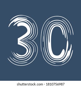 Grunge number 30 isolated on white background. Jeans denim color. Vector illustration. Design element for poster, leaflet, booklet, social media, greeting card.