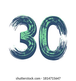 Grunge number 30 isolated on white background.  Vector illustration. Design element for poster, leaflet, booklet, social media, greeting card.