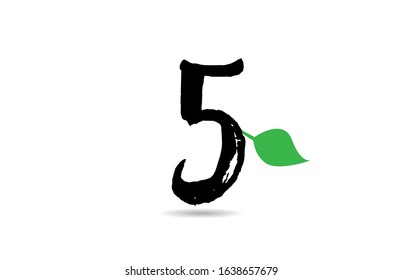grunge number 5 five handwritten geen leaf logo icon design template for company business. Suitable for logotype