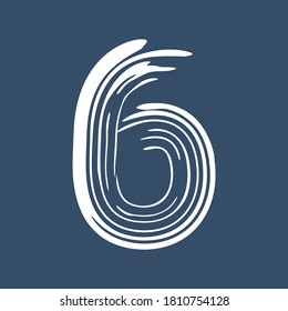 Grunge number 6 isolated on white background. Jeans denim color. Vector illustration. Design element for poster, leaflet, booklet, social media, greeting card.