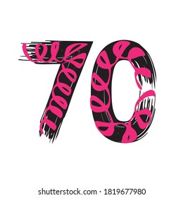 Grunge number 70 isolated on white background.  Vector illustration. Design element for poster, leaflet, booklet, social media, greeting card.