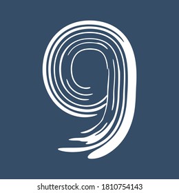 Grunge number 9 isolated on white background. Jeans denim color. Vector illustration. Design element for poster, leaflet, booklet, social media, greeting card.