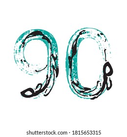 Grunge number 90 isolated on white background.  Vector illustration. Design element for poster, leaflet, booklet, social media, greeting card.