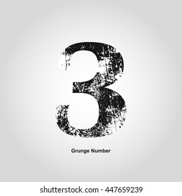 Grunge number Three. Distress damaged object. Vector illustration. Math objects