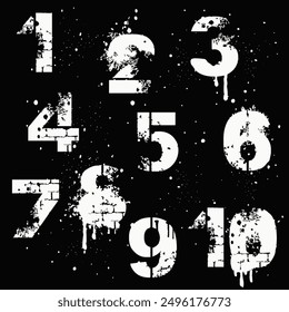 Grunge Numbers Design Collection. Dirty Textured fonts. Vector Illustration. Hand written calligraphy alphabet black ink brush lettering, numbers and punctuation marks, grunge font style with ink