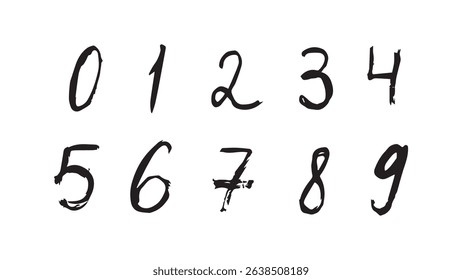 Grunge numbers set, vector distressed numbers handwritten in ink, for birthday greetings, mathematical symbol, collection of grunge ten numbers on white background, numbers for calculation