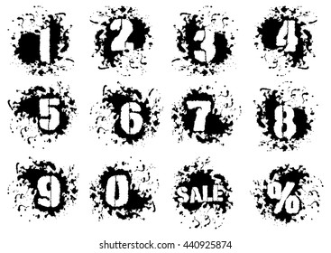 Grunge numerals with splashes icon set in black and white colors. Numbers in spatters from 0 to 9, also sale and percent signs as bonus. Isolated on white. Vector illustration