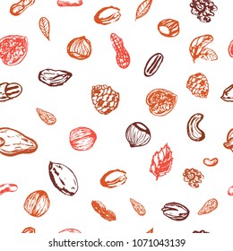 Grunge nuts seamless pattern in brown autumn color with hazelnut, walnut, pine nuts, pecan, peanut. Healthy hand drawn snack collection for logo, icon design