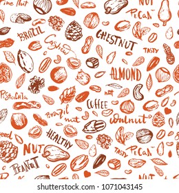 Grunge nuts seamless pattern in brown autumn color with hazelnut, walnut, pine nuts, pecan, peanut. Healthy hand drawn snack collection for logo, icon design