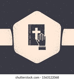 Grunge Oath on the Holy Bible icon isolated on grey background. The procedure in court. Truth and truth. Promise before god. Monochrome vintage drawing. Vector Illustration