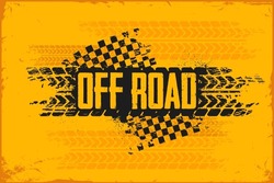 Grunge Off Road Banner Against Tire Tracks And Checkered Racing Flag, Yellow Racing Banner