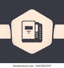 Grunge Carpetas de Office con papeles y documentos icono aislado sobre fondo gris. Carpetas de oficina. Archivar, signo de carpeta. Dibujo vintage monocromo. Vector