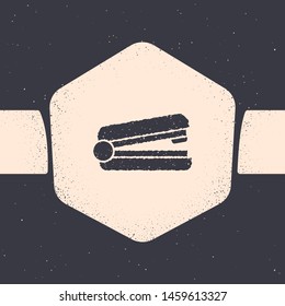 Grunge Office stapler icon isolated on grey background. Stapler, staple, paper, cardboard, office equipment. Monochrome vintage drawing. Vector Illustration