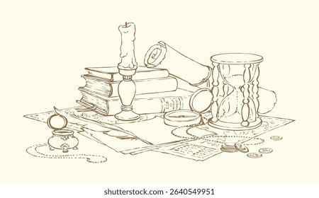 Grunge office time age worn holy god law papyrus page table diary blank novel card text space. Black line ink quill pen hand drawn dollar coin cash notice sign icon engrav biblic wisdom art still life
