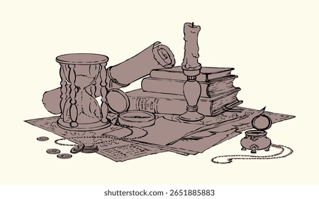 Grunge office time age worn holy god law papyrus page table diary blank novel card text space. Black line ink quill pen hand drawn dollar coin cash notice sign icon engrav biblic wisdom art still life