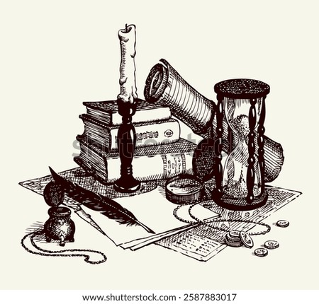 Grunge office time age worn holy god law papyrus page table diary blank novel card text space. Black line ink quill pen hand drawn dollar coin cash notice sign icon engrav biblic wisdom art still life