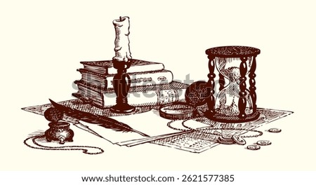 Grunge office time age worn holy god law papyrus page table diary blank novel card text space. Black line ink quill pen hand drawn dollar coin cash notice sign icon engrav biblic wisdom art still life