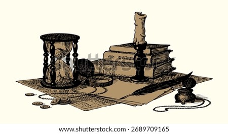 Grunge office time age worn holy god law papyrus page table diary blank novel card text space. Black line ink quill pen hand drawn dollar coin cash notice sign icon engrav biblic wisdom art still life