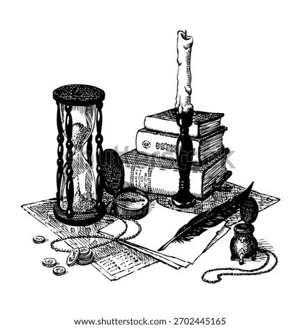 Grunge office time age worn holy god law papyrus page table diary blank novel card text space. Black line ink quill pen hand drawn dollar coin cash notice sign icon engrav biblic wisdom art still life