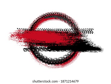 Grunge off-road post and quality stamp. Automotive element useful for banner, sign, logo, icon, label and badge design . Tire tracks vector illustration.