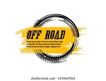 Grunge off-road post and quality stamp. Automotive element useful for banner, sign, logo, icon, label and badge design . Tire tracks vector illustration.
