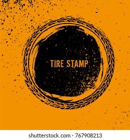 Grunge off-road post and quality stamp. Automotive element useful for banner, sign, logo, icon, label and badge design . Tire tracks textured vector illustration.