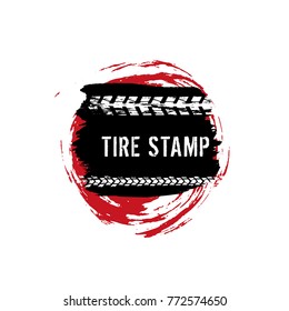 Grunge off-road post and quality stamp. Automotive element useful for banner, sign, logo, icon, label and badge design . Tire tracks textured vector illustration isolated on white background.