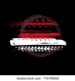 Grunge off-road post and quality stamp. Automotive element useful for banner, sign, logo, icon, label and badge design . Tire tracks textured vector illustration isolated on dark background.
